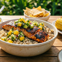 BBQ Salmon Bowls With Mango Avocado Salsa